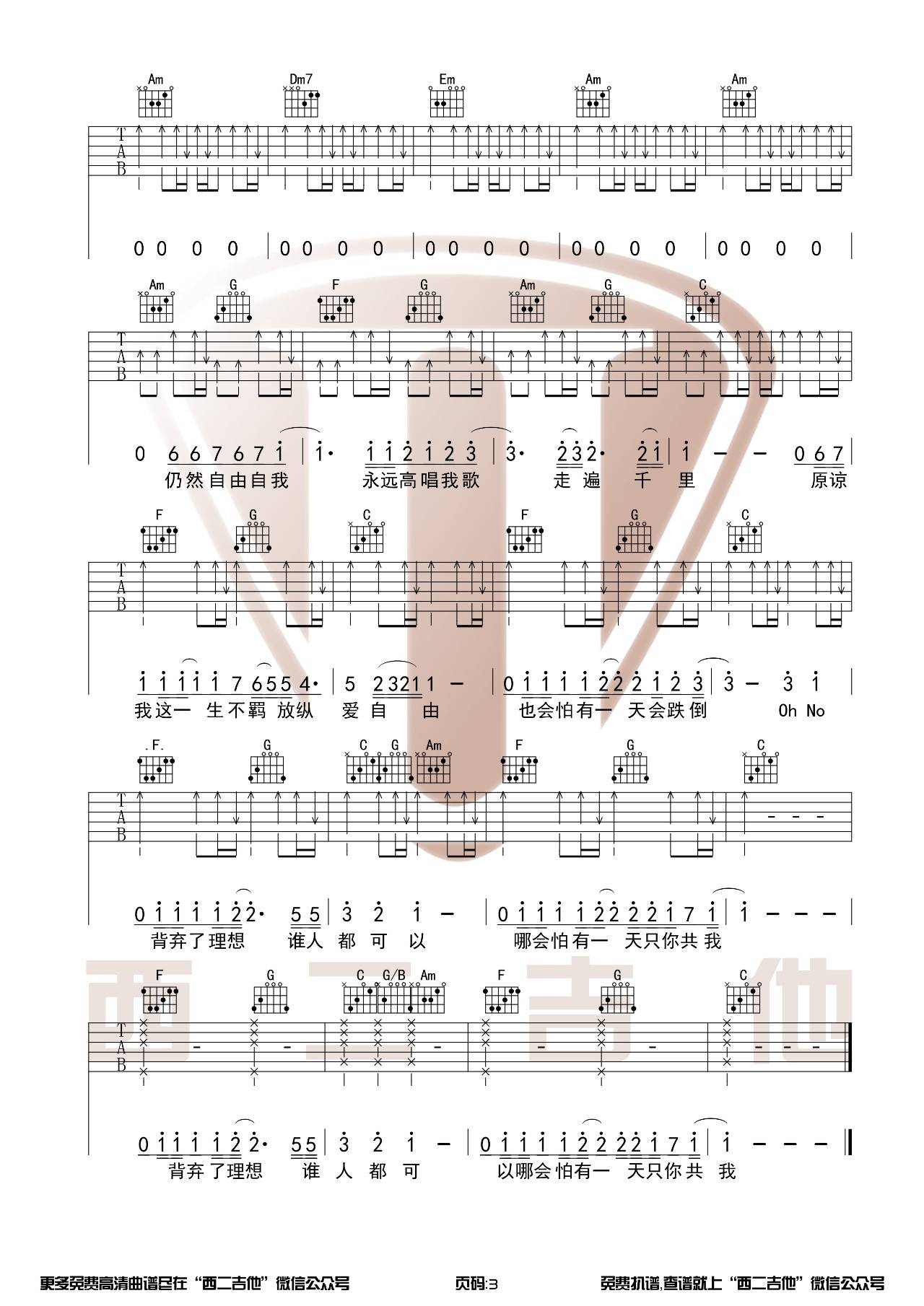 海阔天空吉他谱西二吉他C调六线谱附弹唱视频演示第(3)页