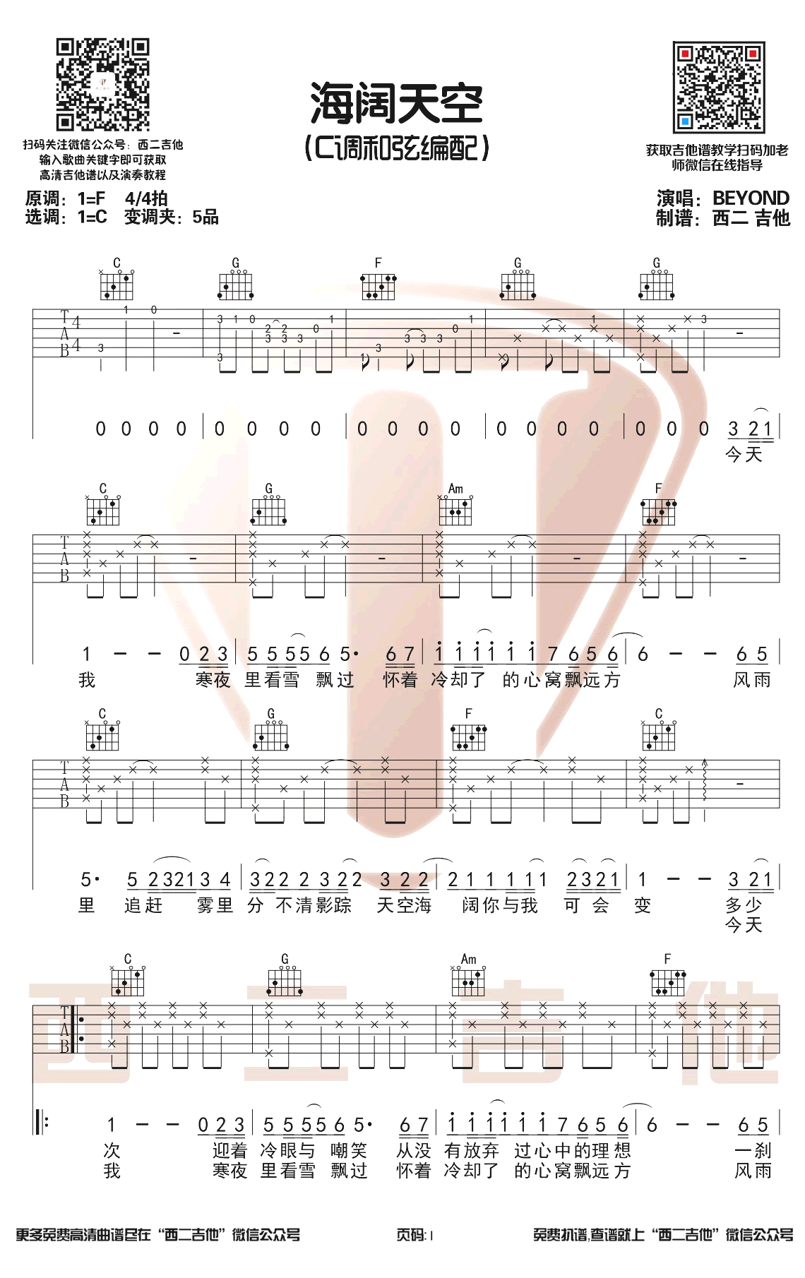 海阔天空吉他谱C调第(1)页