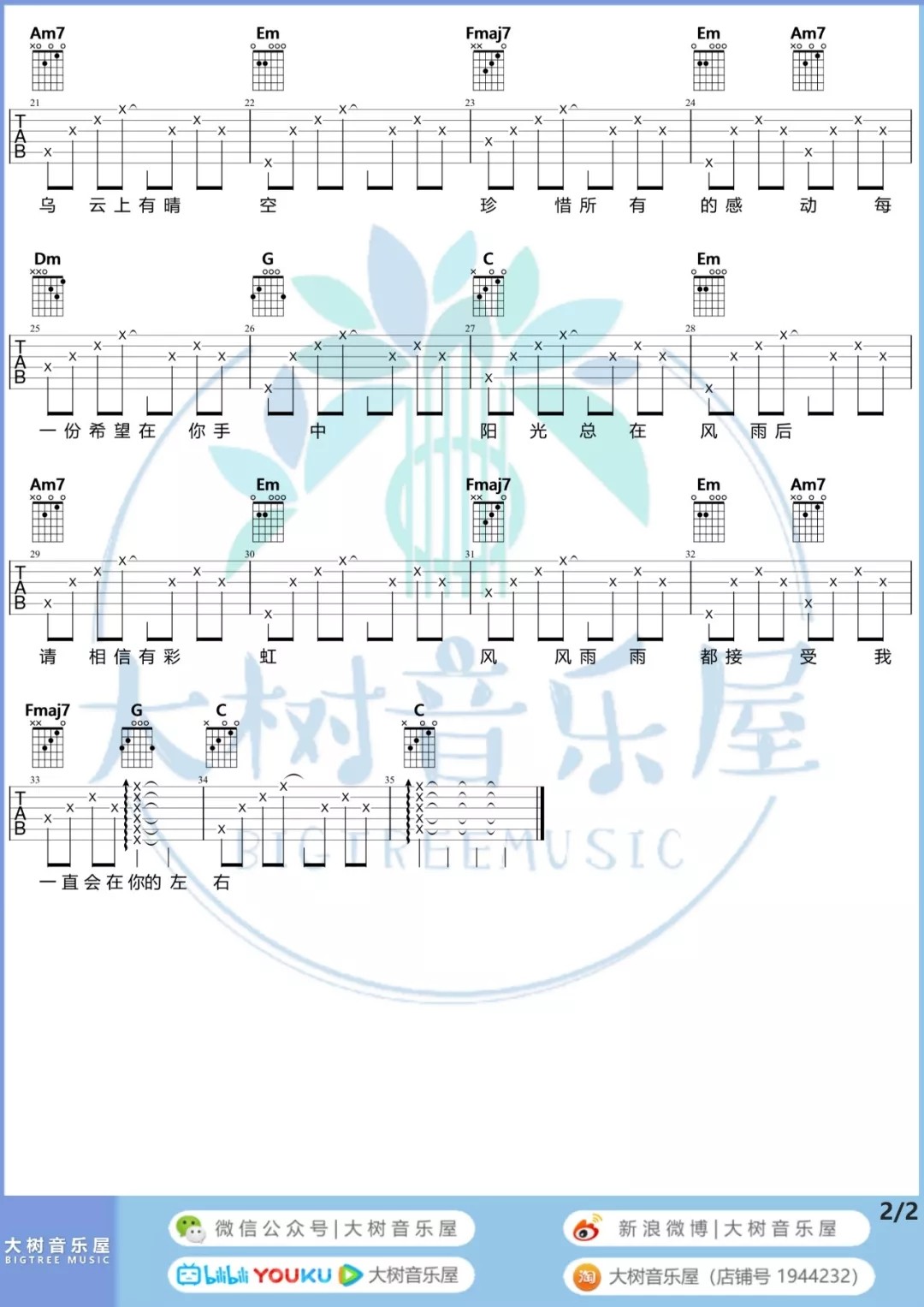 阳光总在风雨后吉他谱大树音乐屋第(2)页