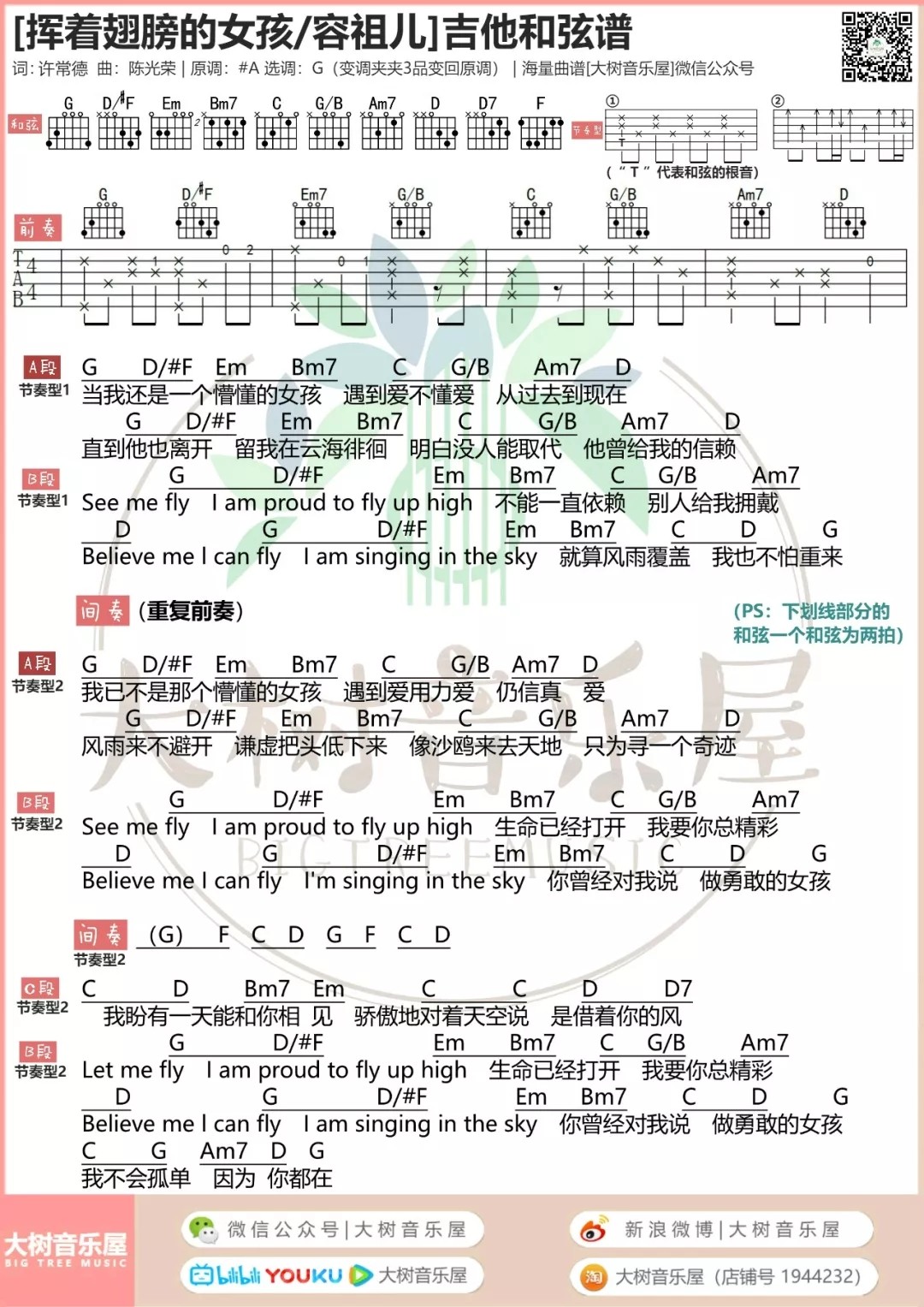 挥着翅膀的女孩吉他谱大树音乐屋第(2)页