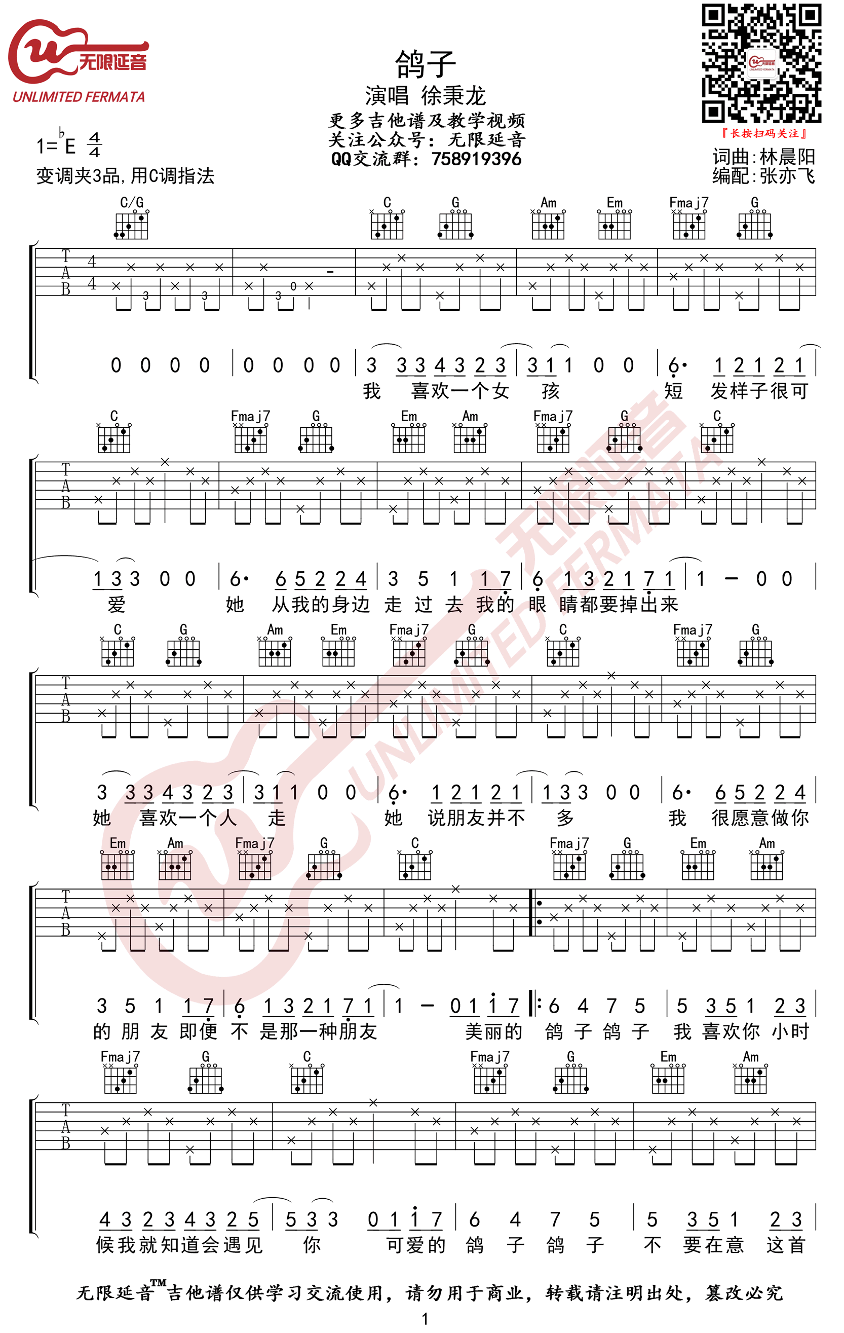 鸽子吉他谱C调无限延音第(1)页