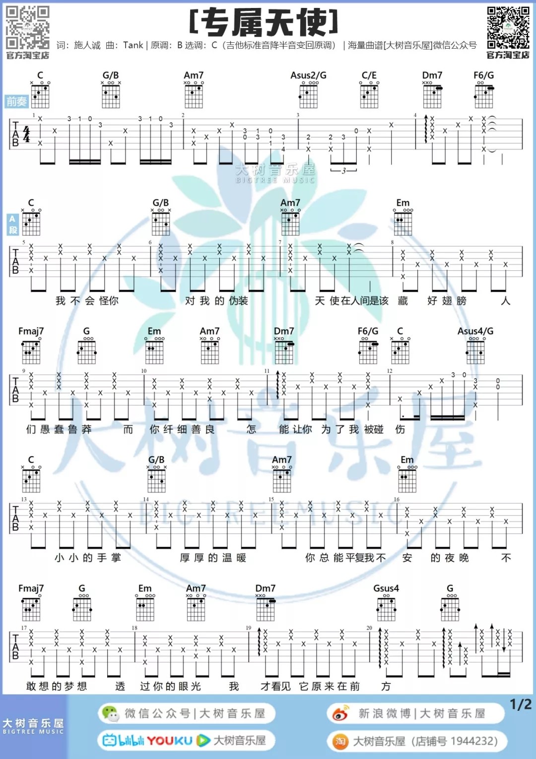 专属天使吉他谱大树音乐屋第(2)页