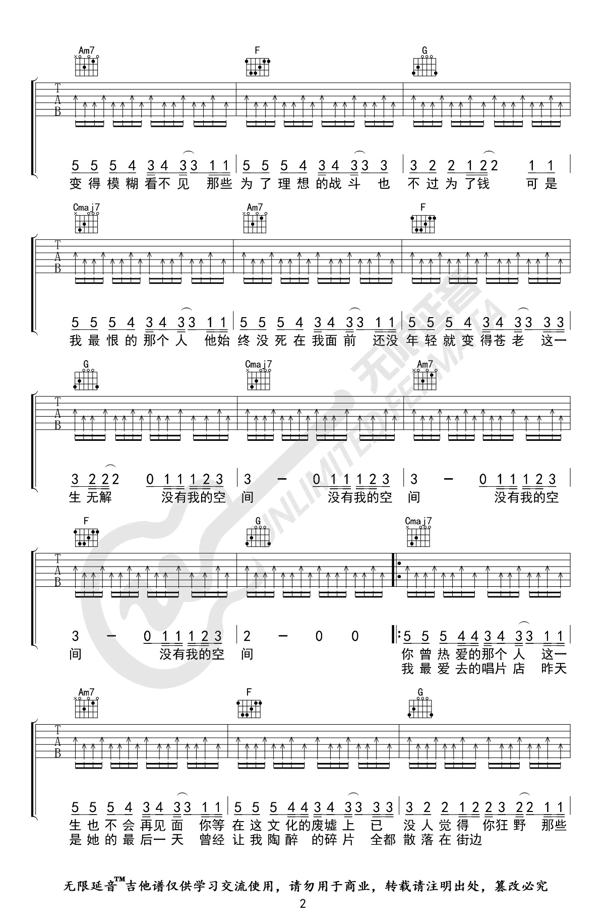没有理想的人不伤心吉他谱C调无限延音第(2)页