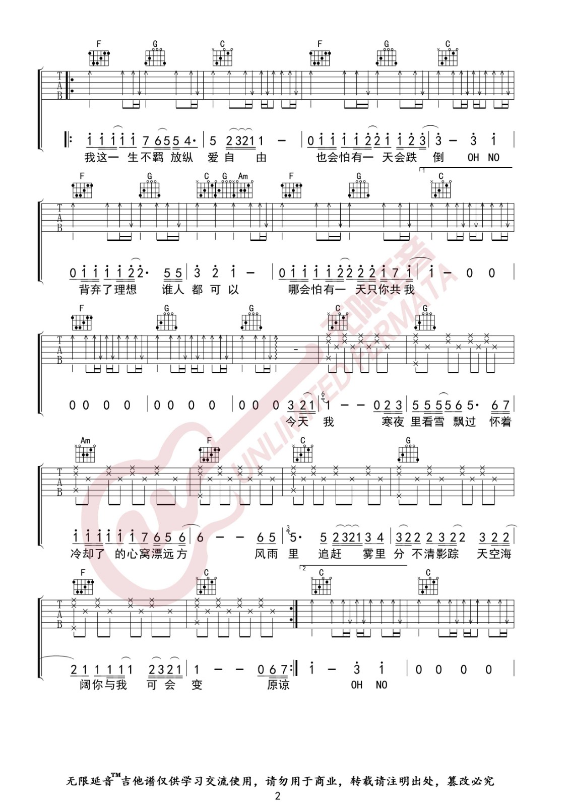 海阔天空吉他谱C调无限延音第(2)页
