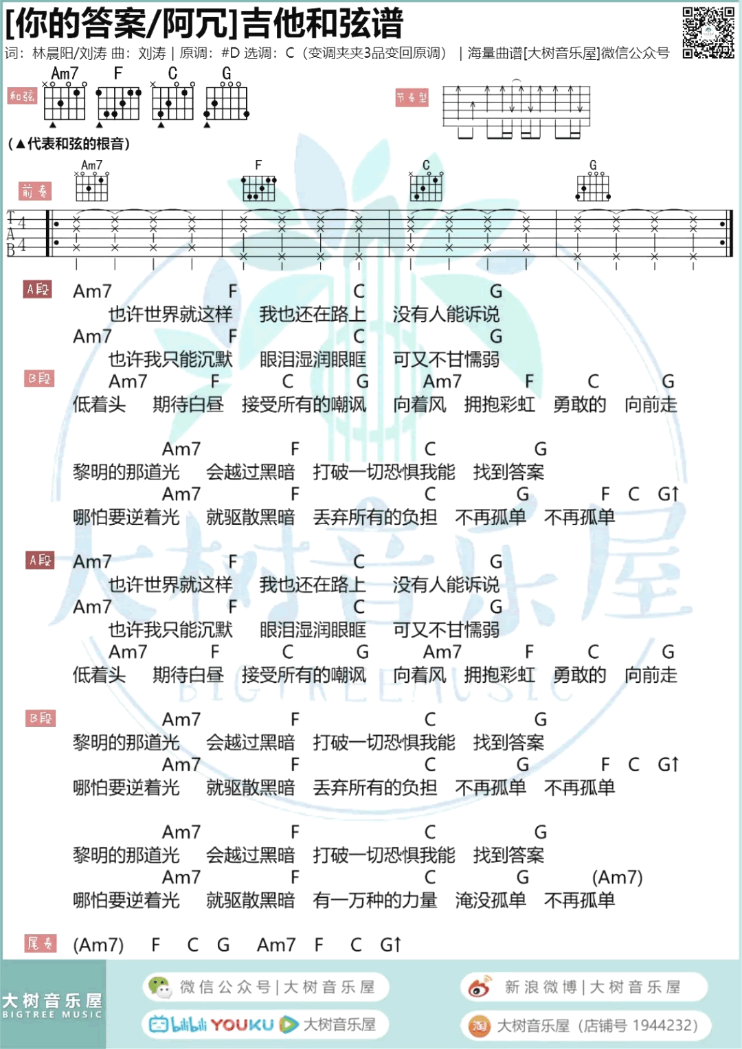 你的答案吉他谱C调大树音乐屋第(1)页