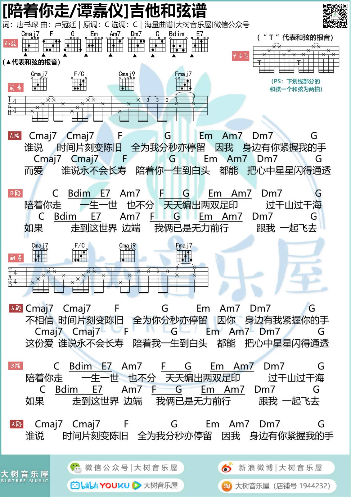 陪着你走吉他谱大树音乐屋