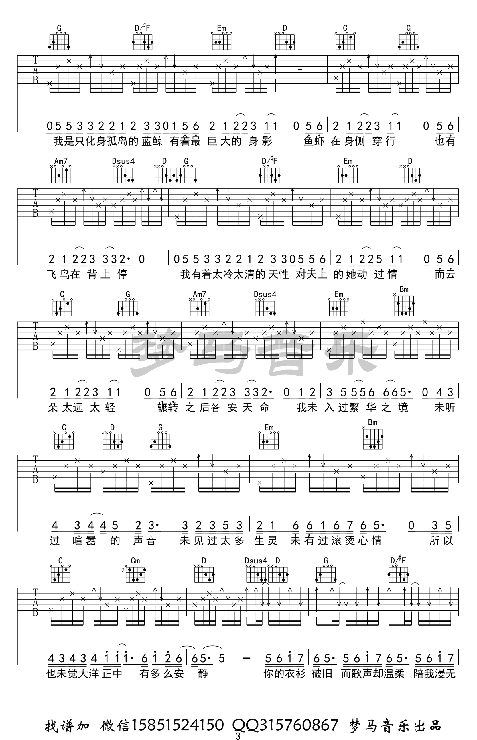 化身孤岛的鲸吉他谱G调第(3)页