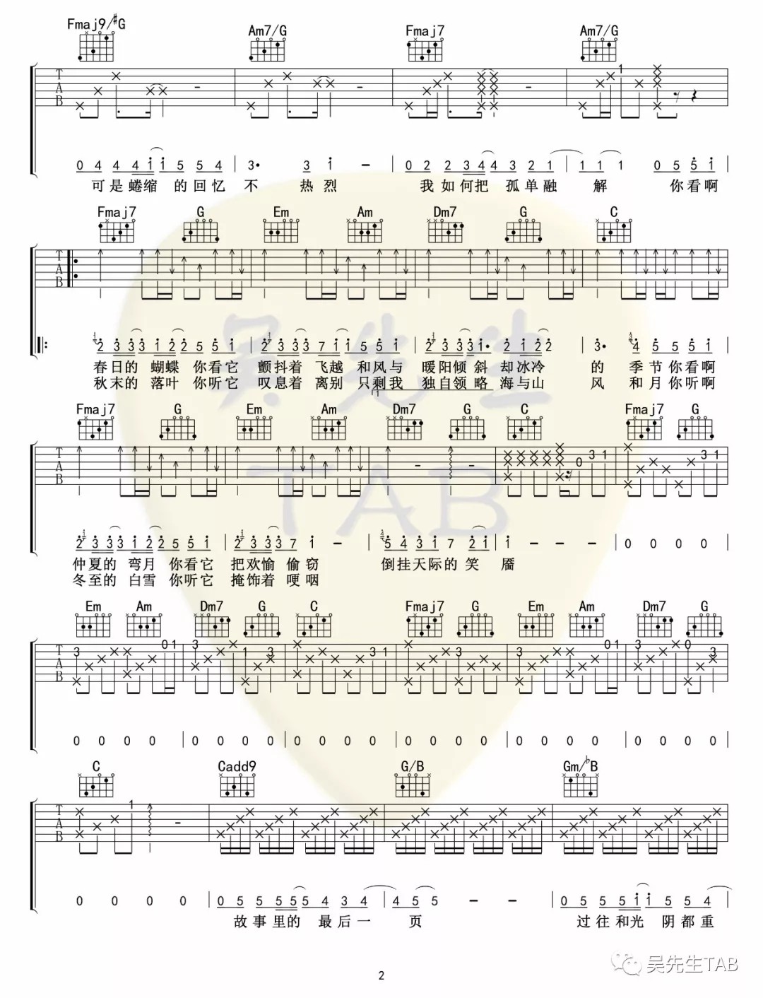 冬眠吉他谱吴先生TAB第(2)页