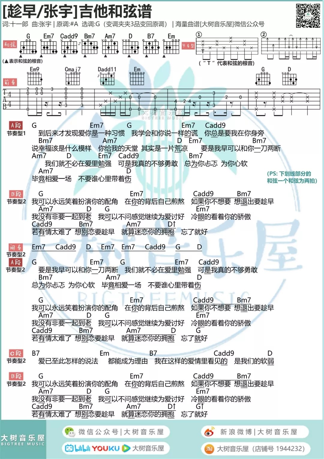 《趁早吉他谱》_张宇_G调_吉他图片谱2张 | 吉他谱大全