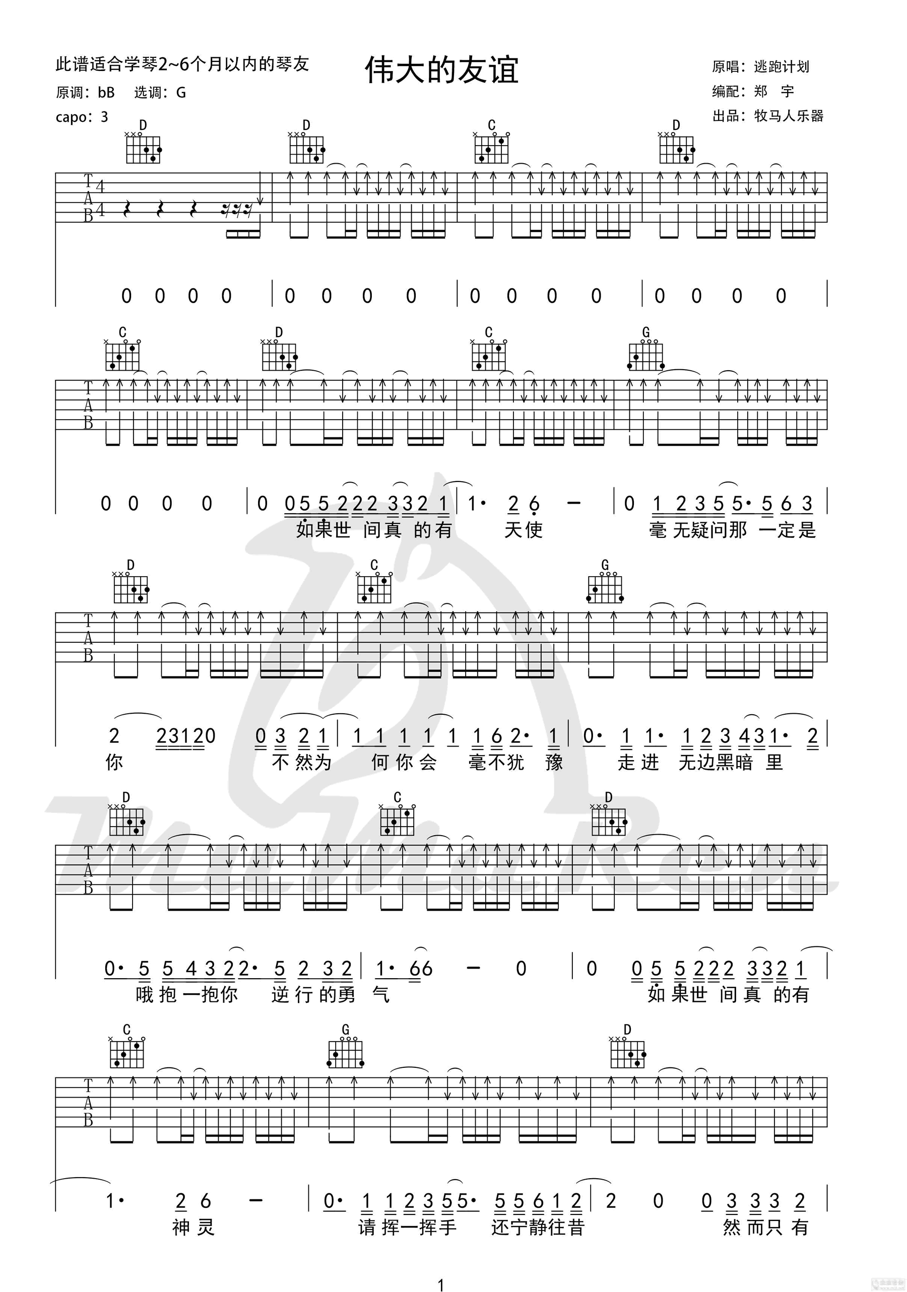 伟大的友谊吉他谱C调简单版第(1)页