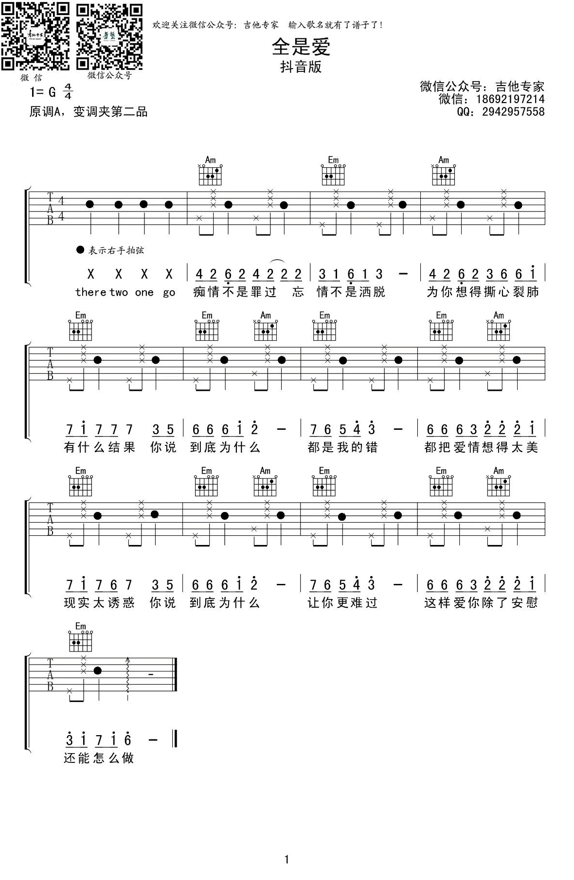 全是爱吉他谱G调抖音版本