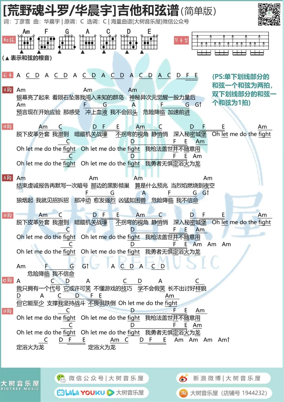 荒野魂斗罗吉他谱弹唱教学大树音乐屋