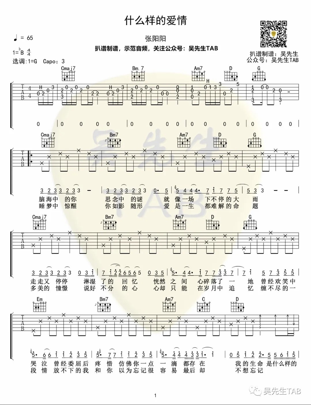 什么样的爱情吉他谱降B调吴先生第(1)页