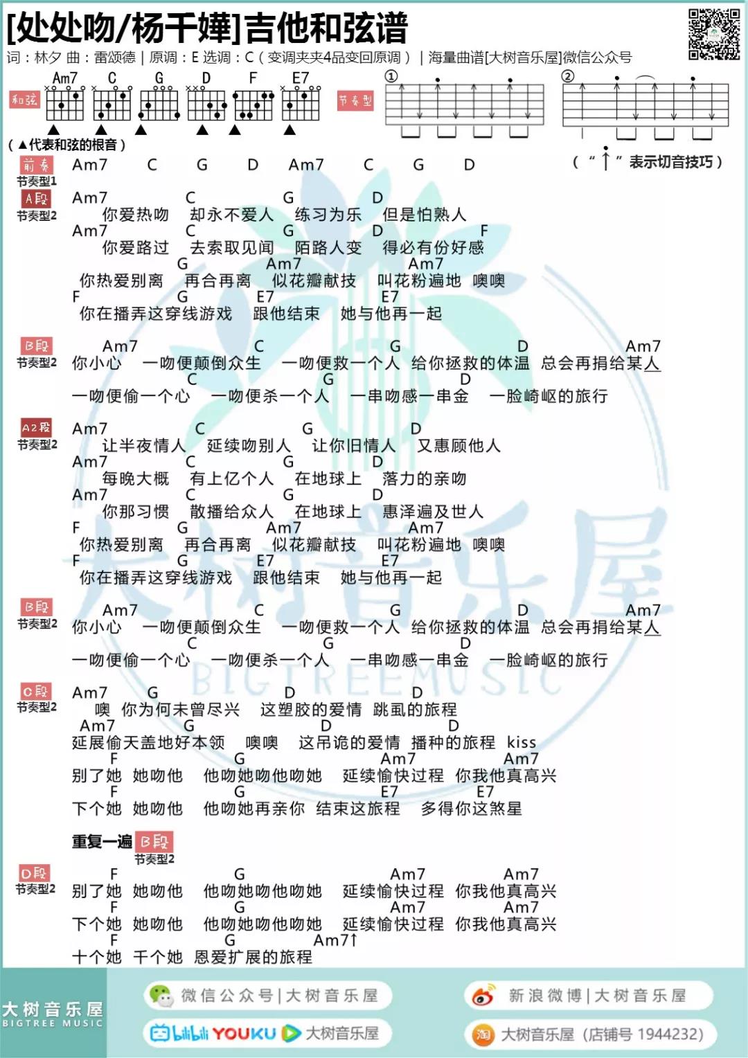 处处吻吉他谱C调大树音乐屋