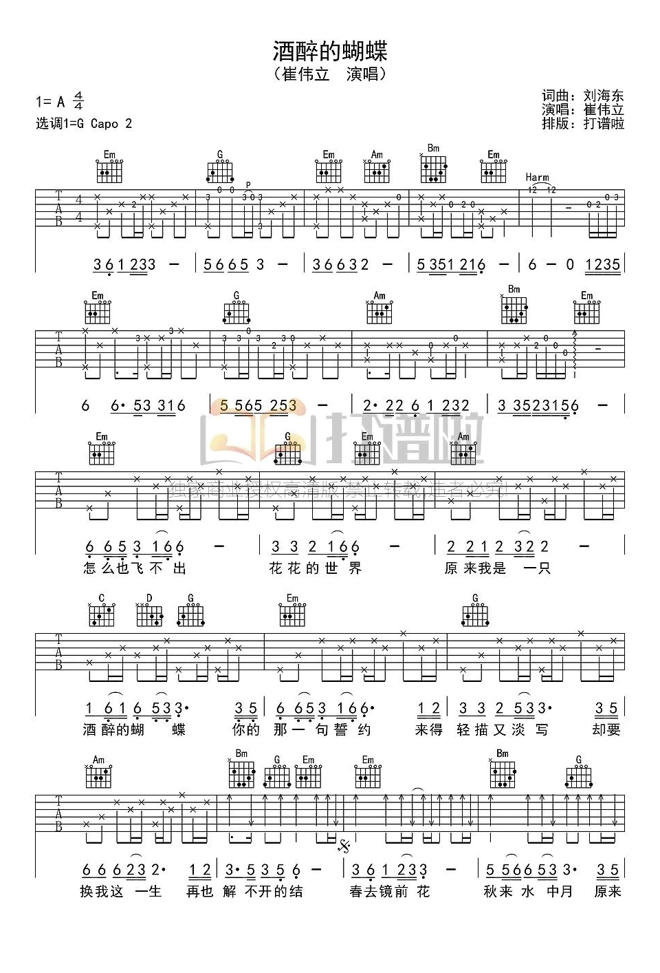 酒醉的蝴蝶吉他谱G调图片谱第(1)页