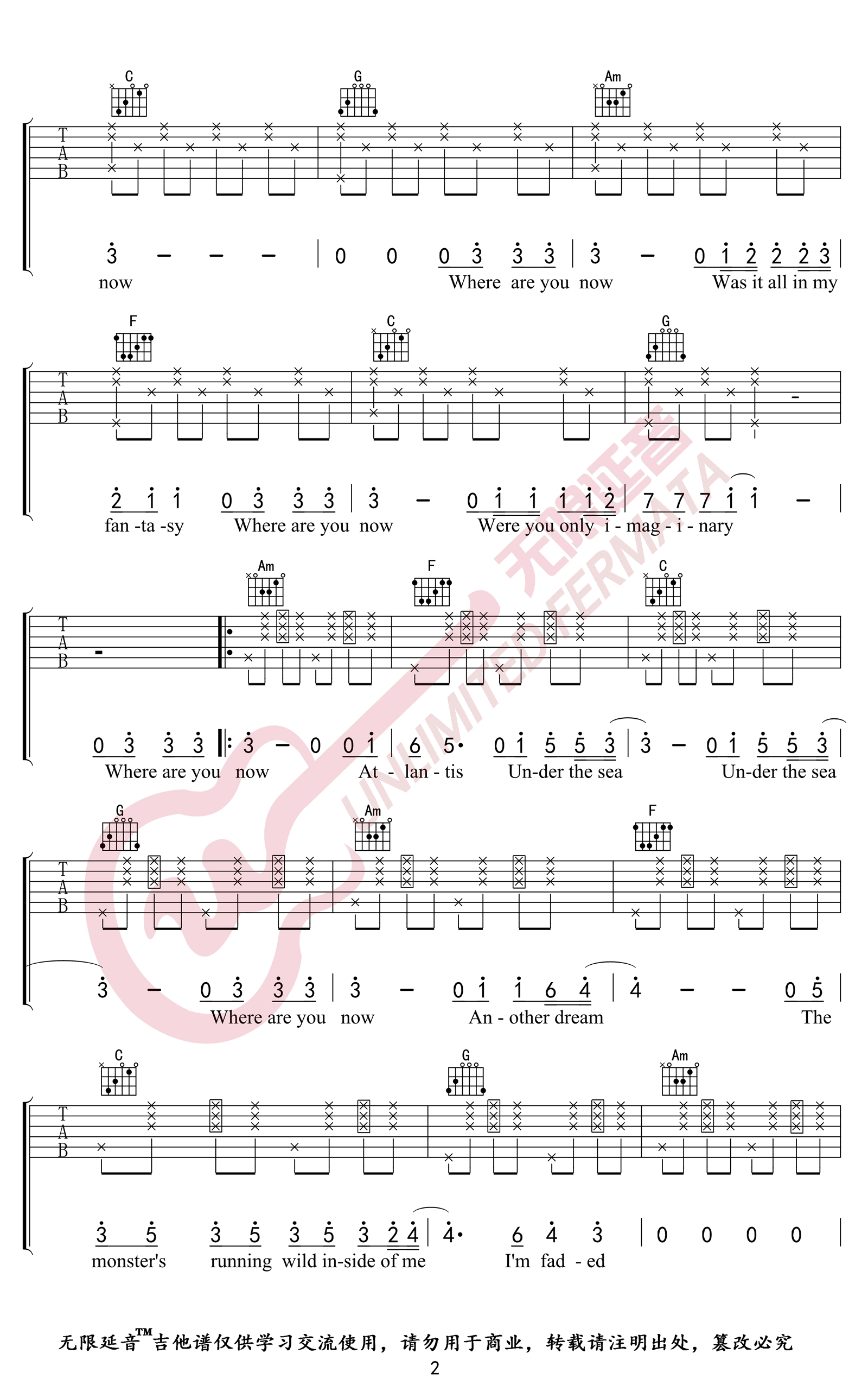 Faded吉他谱C调弹唱六线谱第(2)页
