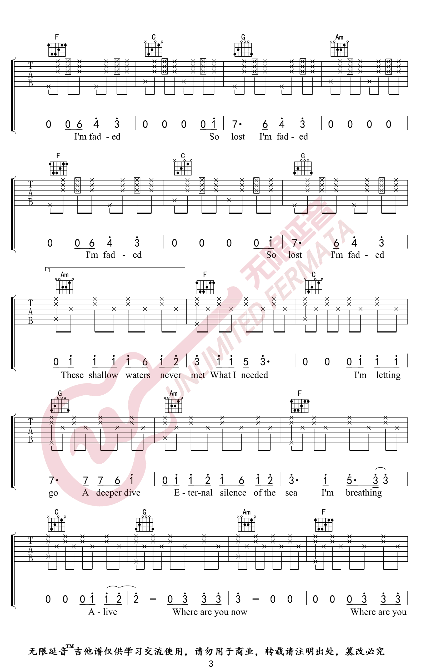 Faded吉他谱C调弹唱六线谱第(3)页