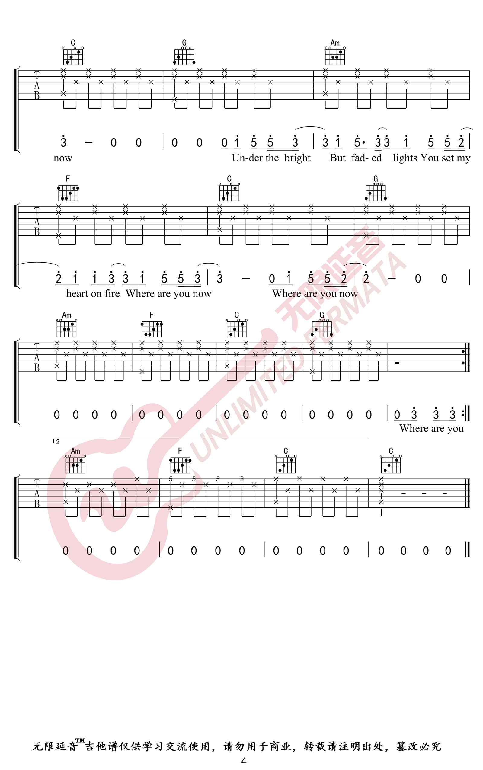 Faded吉他谱C调弹唱六线谱第(4)页