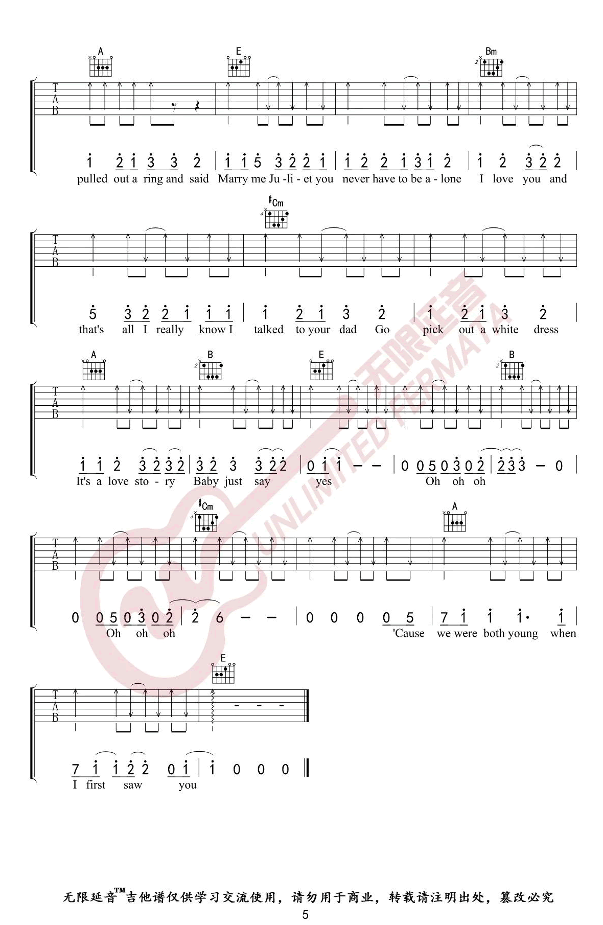 LoveStory吉他谱D调弹唱六线谱第(5)页