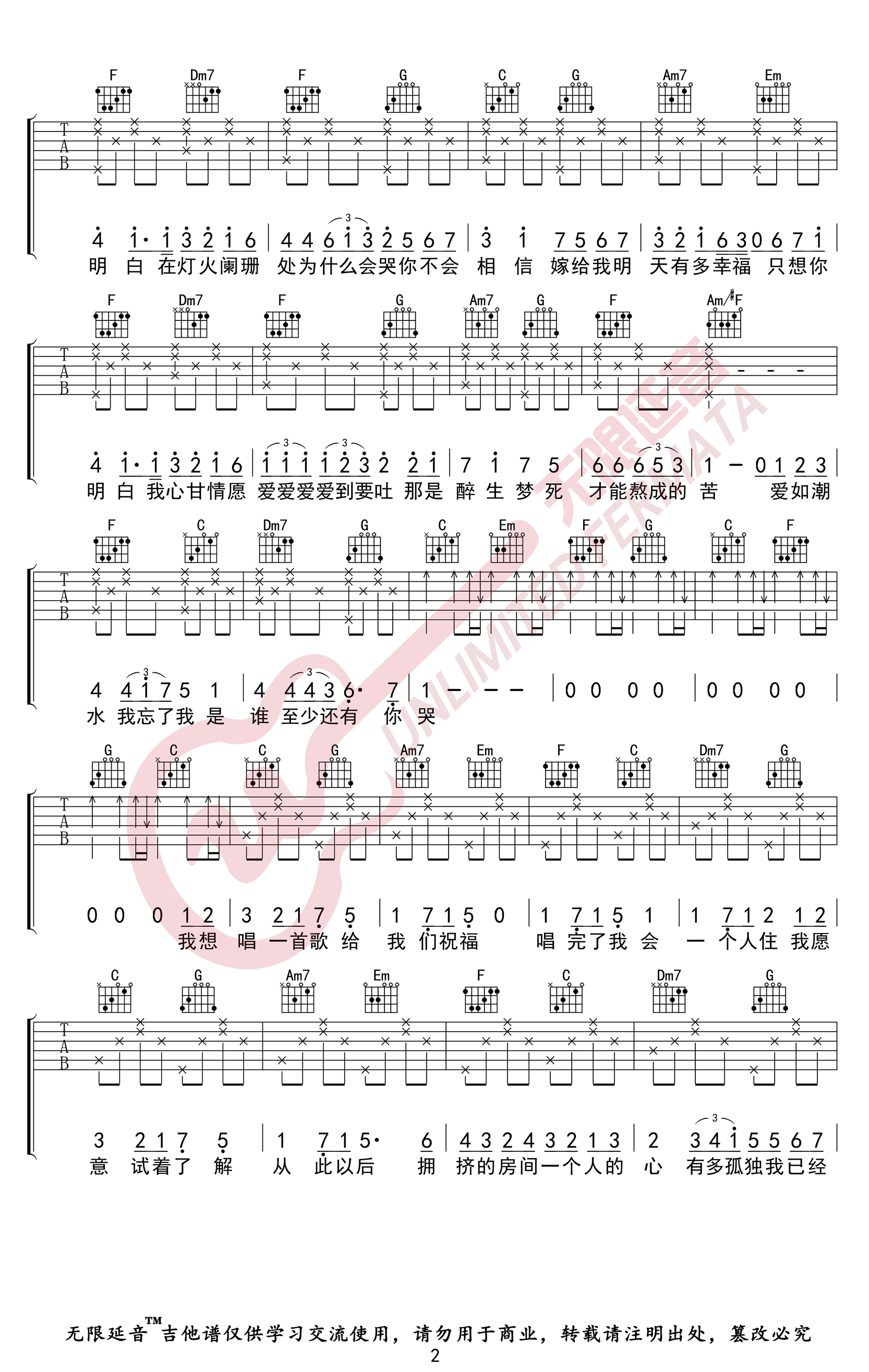 K歌之王吉他谱C调弹唱六线谱第(2)页