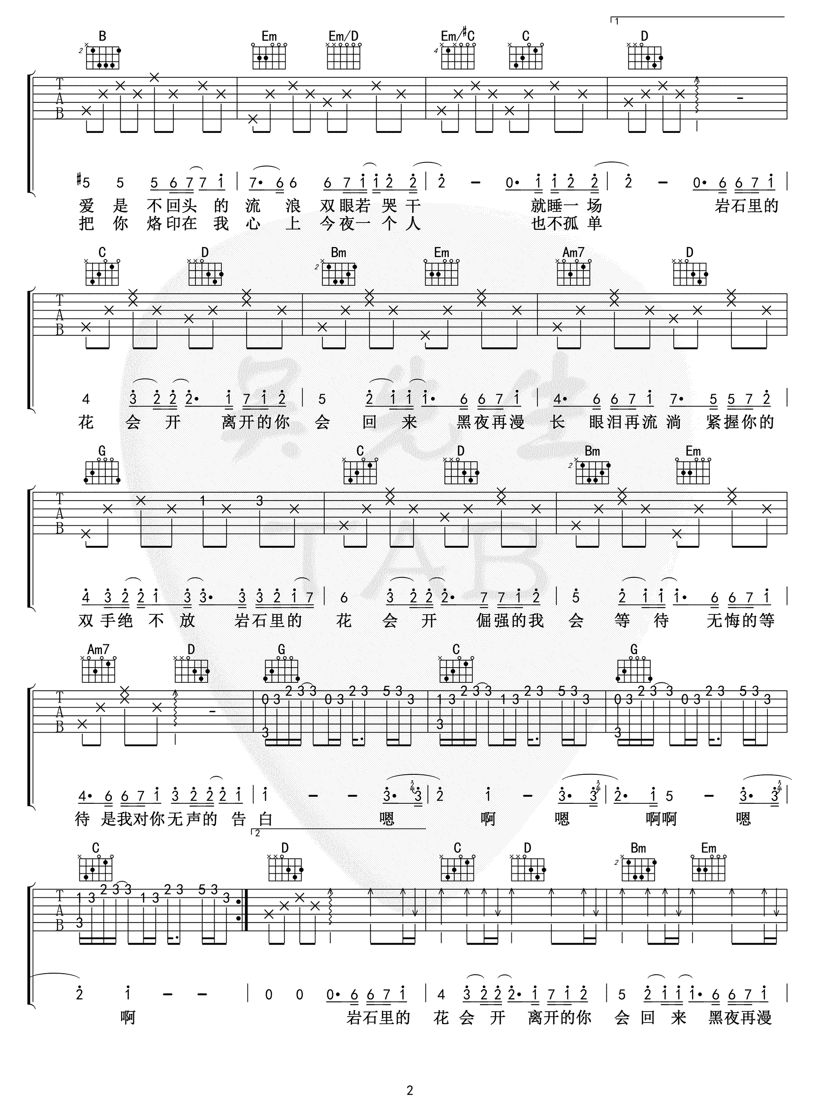 岩石里的花吉他谱G调高清弹唱谱第(2)页