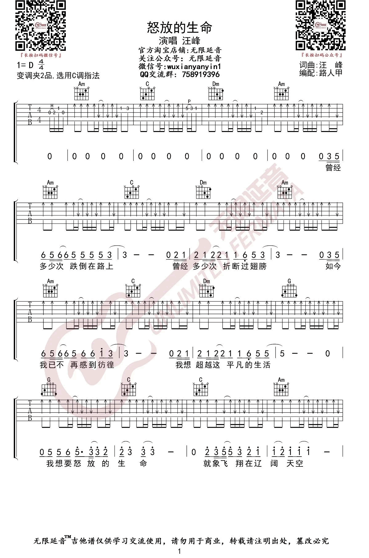 怒放的生命吉他谱C调指法弹唱六线谱第(1)页