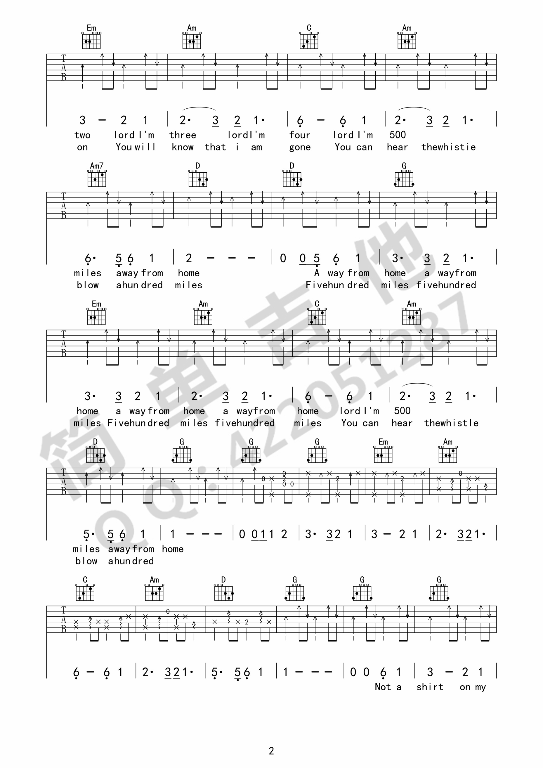 500miles吉他谱第(2)页